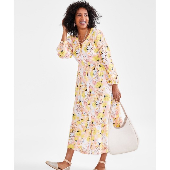 Style & Co. Floral Linen Maxi Dress Long Sleeve Button Front Belted Size M NWT - Picture 1 of 9